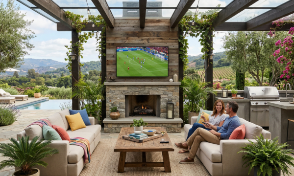 why-outdoor-tvs-matter-more-than-you-think Covered outdoor living area with fireplace, mounted TV, and scenic backyard view.